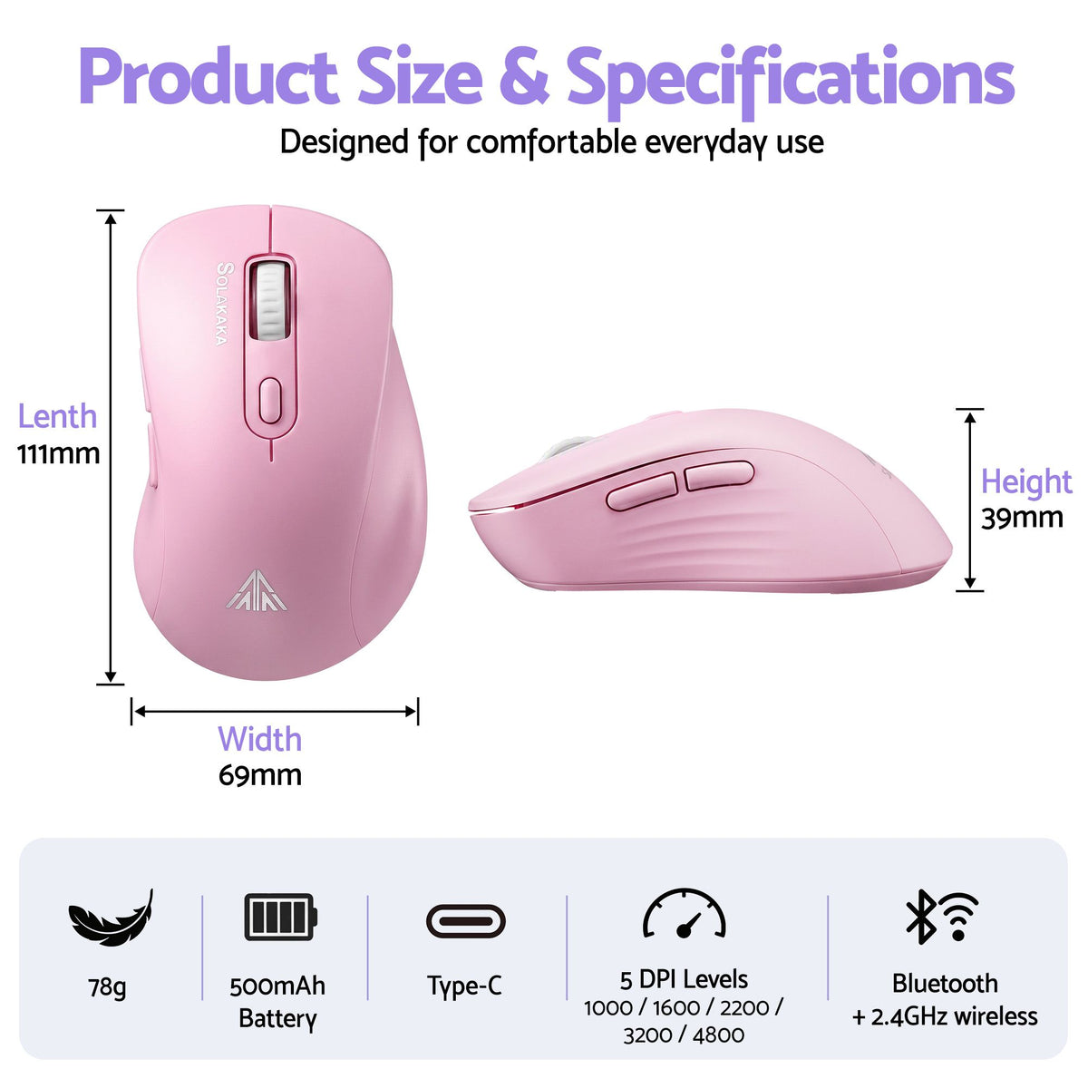 SOLAKAKA Silent Wireless Mouse Bluetooth 2.4GHz 4200 DPI 7 Buttons – Pink