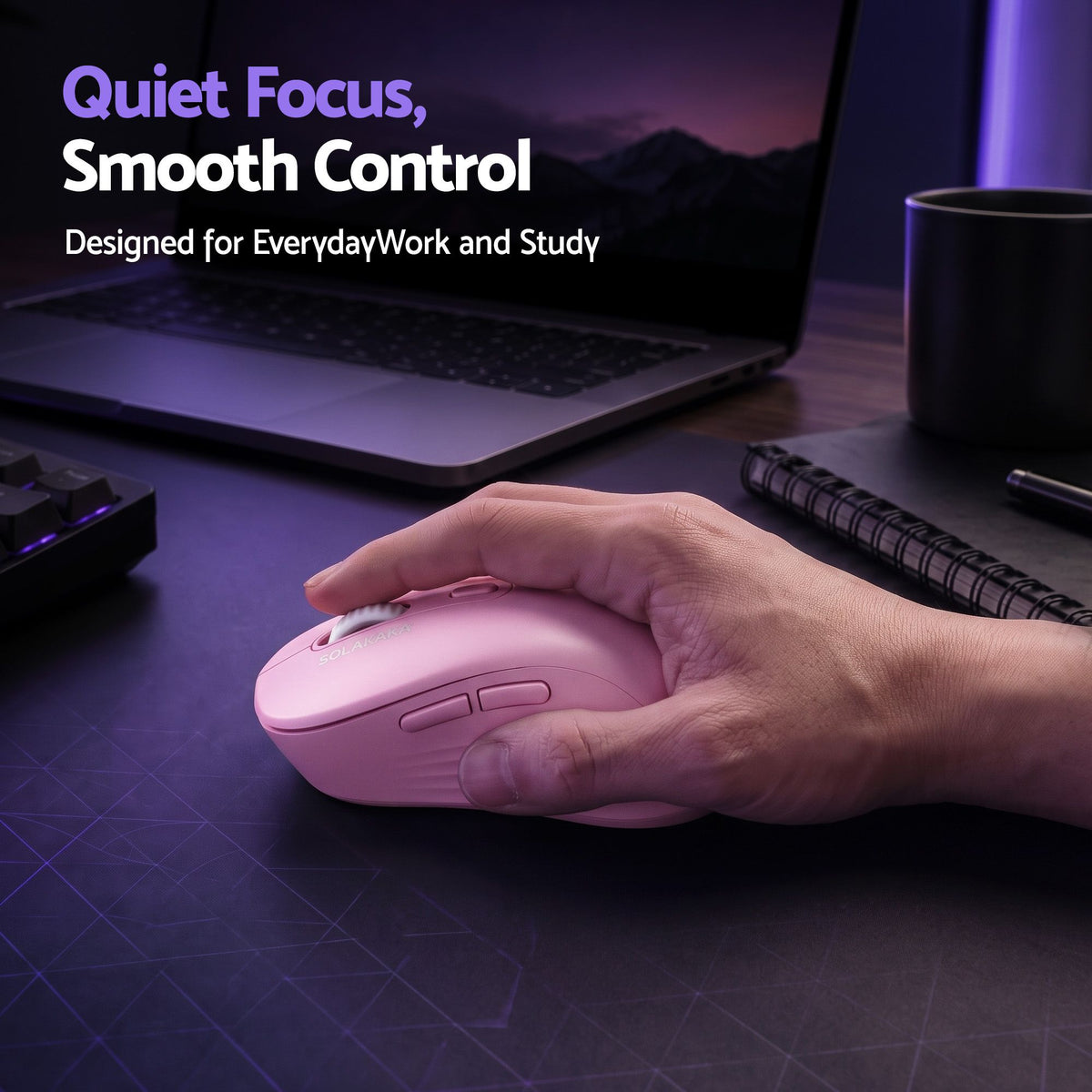 SOLAKAKA Silent Wireless Mouse Bluetooth 2.4GHz 4200 DPI 7 Buttons – Pink