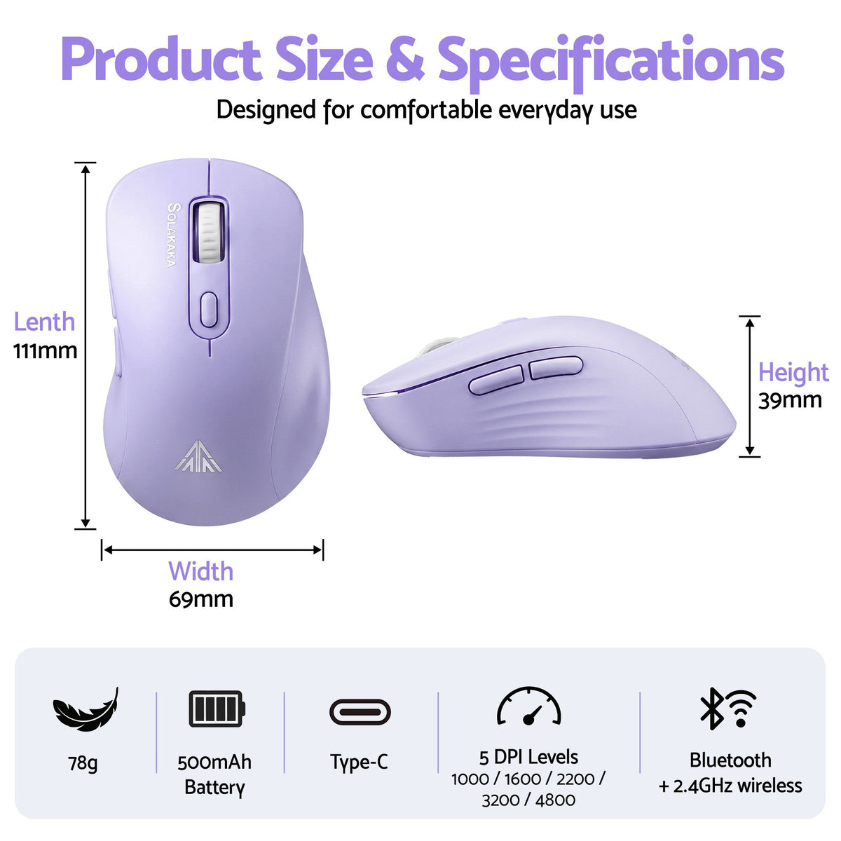 SOLAKAKA Silent Wireless Mouse Bluetooth 2.4GHz 4200 DPI 7 Buttons – Purple