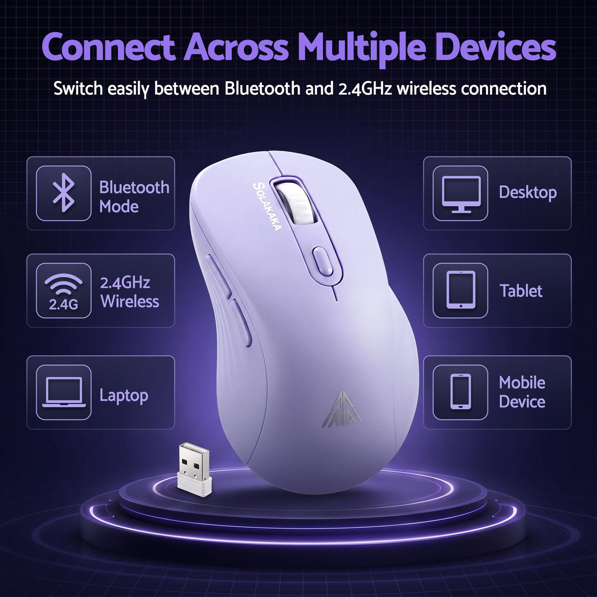 SOLAKAKA Silent Wireless Mouse Bluetooth 2.4GHz 4200 DPI 7 Buttons – Purple