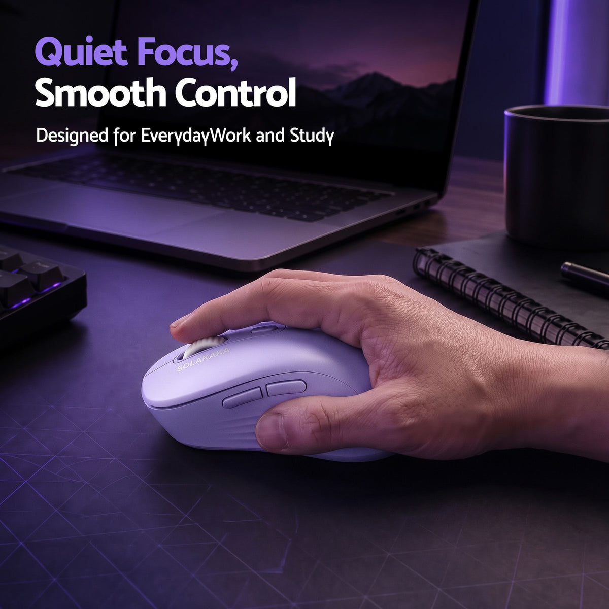 SOLAKAKA Silent Wireless Mouse Bluetooth 2.4GHz 4200 DPI 7 Buttons – Purple
