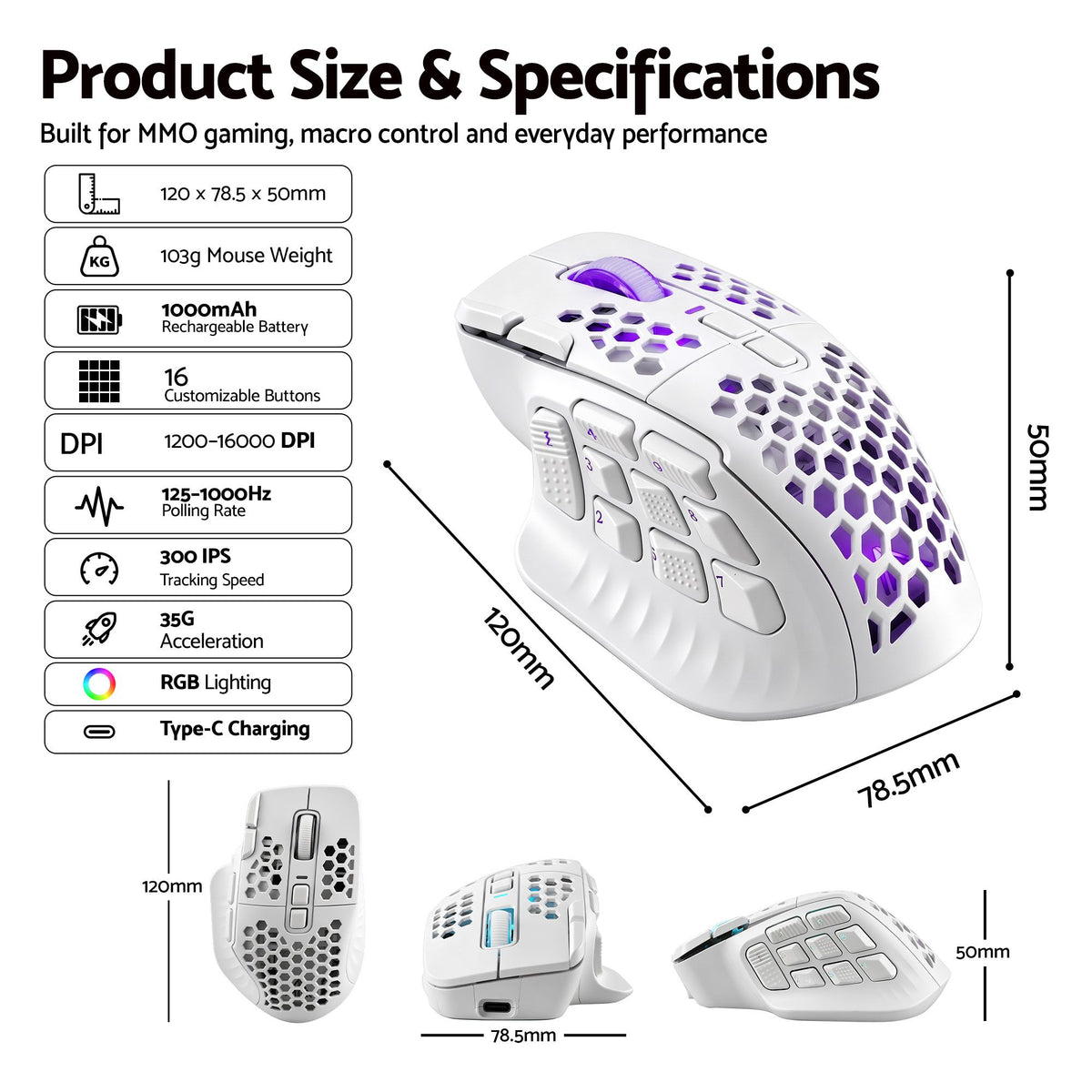 SOLAKAKA Wireless MMO Gaming Mouse 16 Buttons Bluetooth 24000 DPI RGB – White