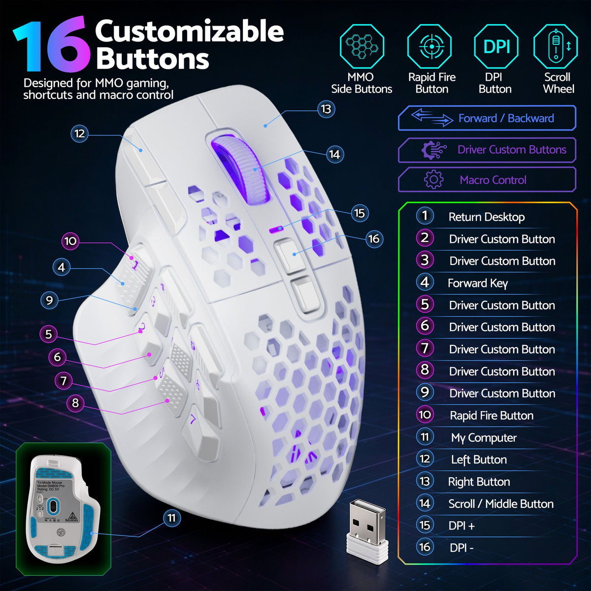 SOLAKAKA Wireless MMO Gaming Mouse 16 Buttons Bluetooth 24000 DPI RGB – White