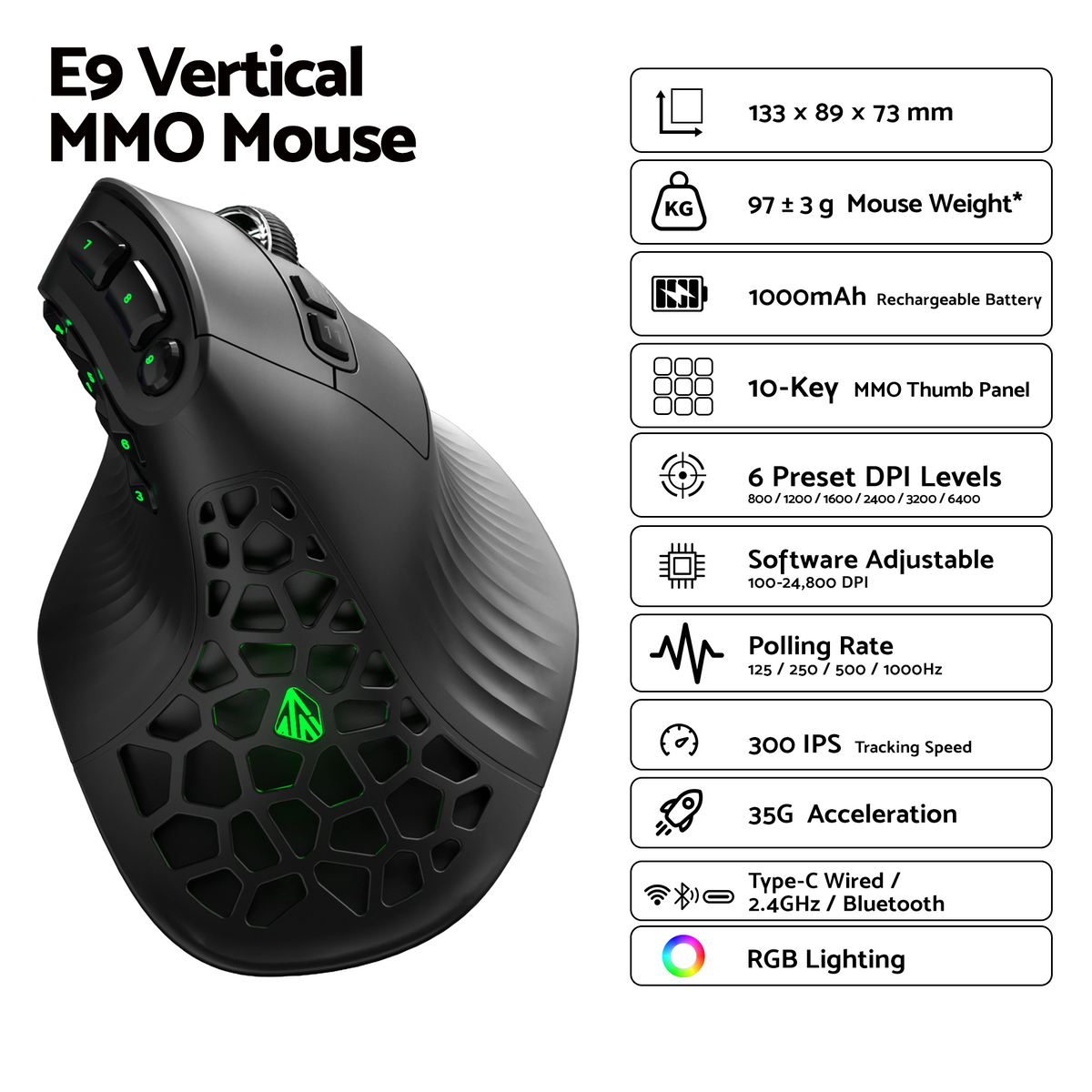 SOLAKAKA E9 Vertical MMO Gaming Mouse Tri-Mode 36000 DPI Ergonomic – Black