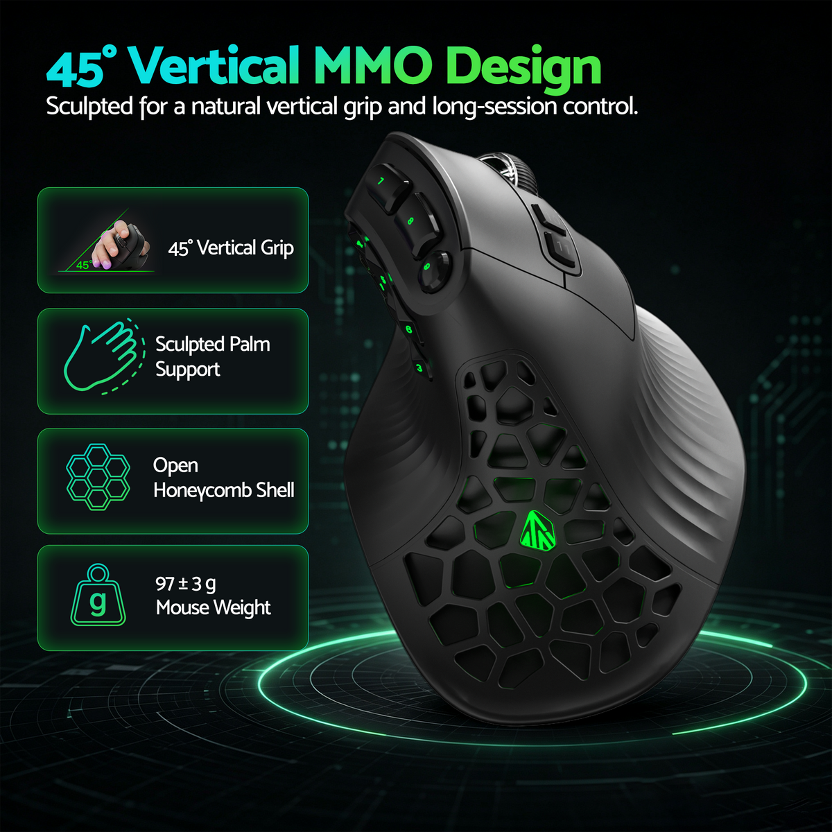 SOLAKAKA E9 Vertical MMO Gaming Mouse Tri-Mode 36000 DPI Ergonomic – Black