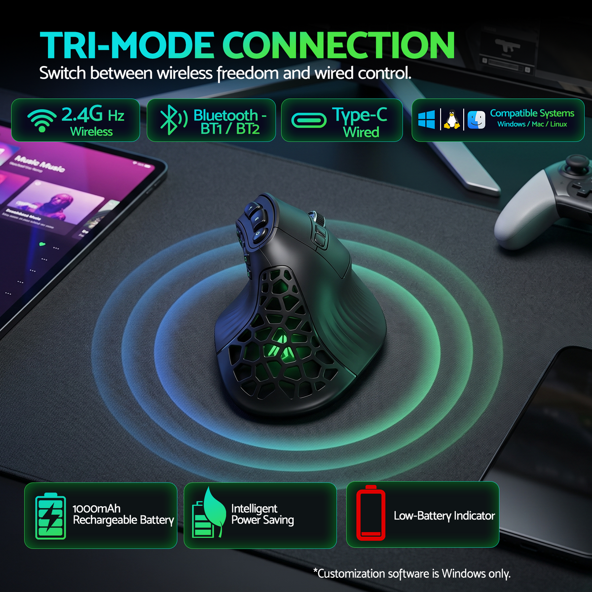 SOLAKAKA E9 Vertical MMO Gaming Mouse Tri-Mode 36000 DPI Ergonomic – Black