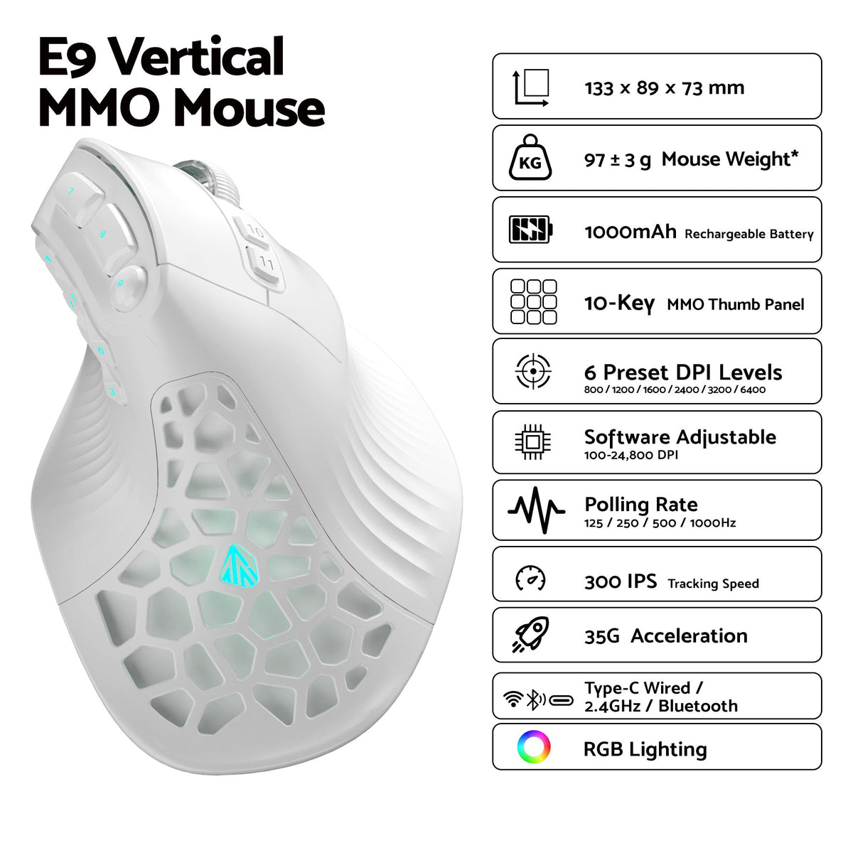 SOLAKAKA E9 Vertical MMO Gaming Mouse Tri-Mode 36000 DPI Ergonomic – White