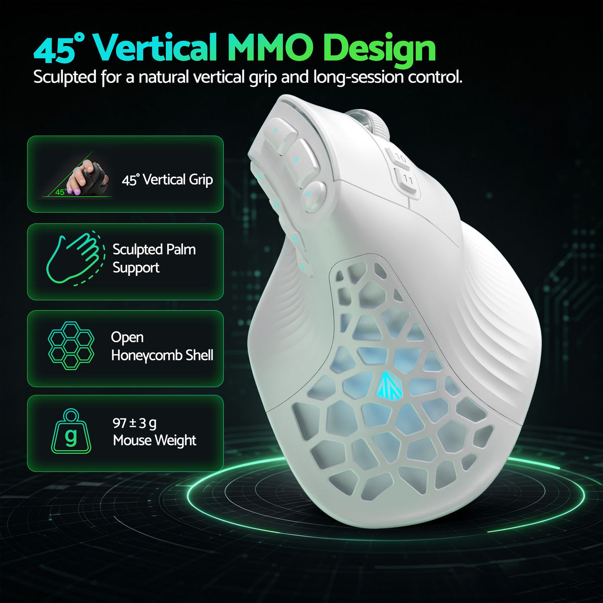 SOLAKAKA E9 Vertical MMO Gaming Mouse Tri-Mode 36000 DPI Ergonomic – White