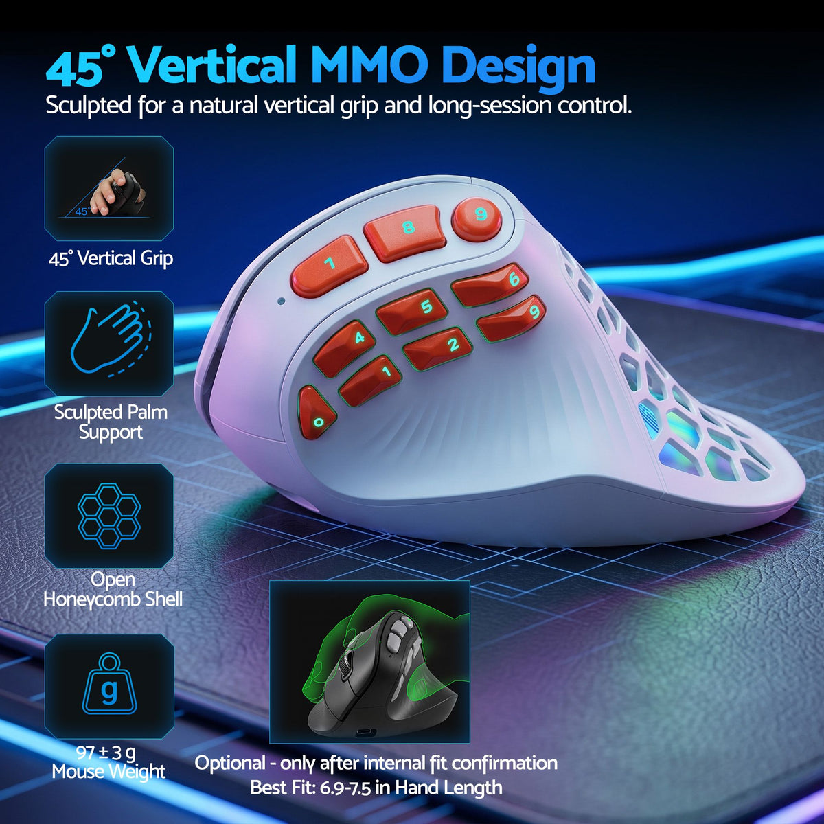 SOLAKAKA E9 Pro Vertical MMO Mouse Tri-Mode 36000 DPI 8000Hz PAW3395 – White