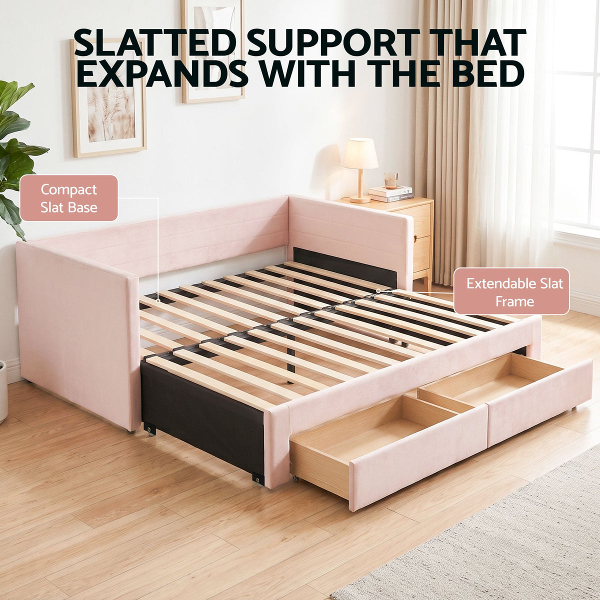 Artiss King Single Extendable Daybed with 2 Storage Drawers and USB, Pink