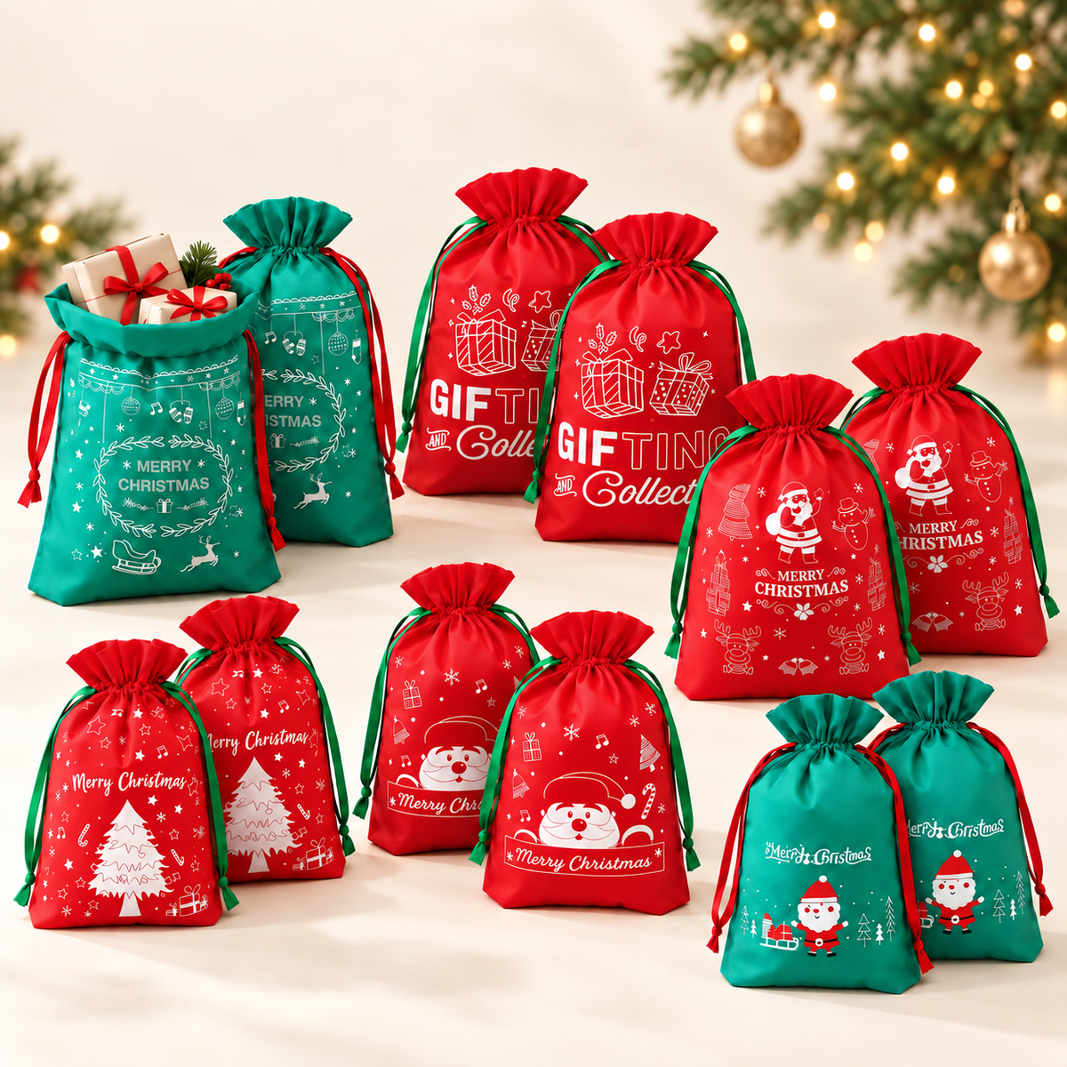 Jingle Jollys Christmas Drawstring Gift Bags - 12 Pack, Two Sizes