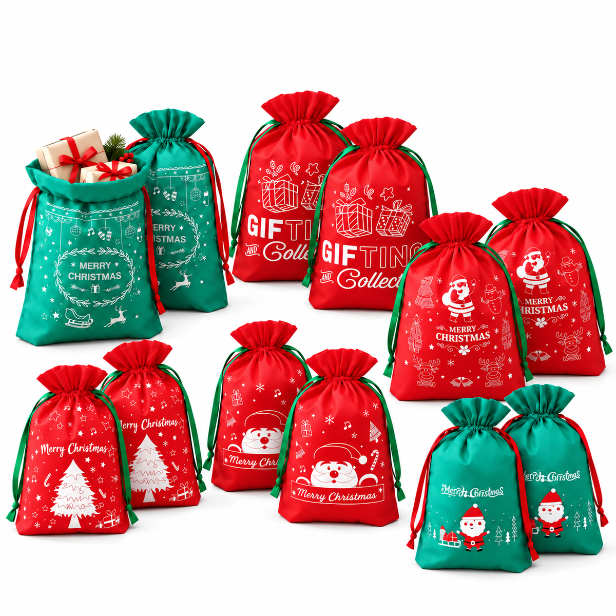 Jingle Jollys Christmas Drawstring Gift Bags - 12 Pack, Two Sizes