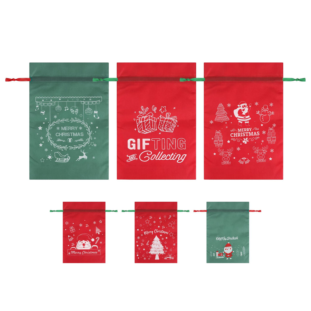 Jingle Jollys Christmas Drawstring Gift Bags - 12 Pack, Two Sizes