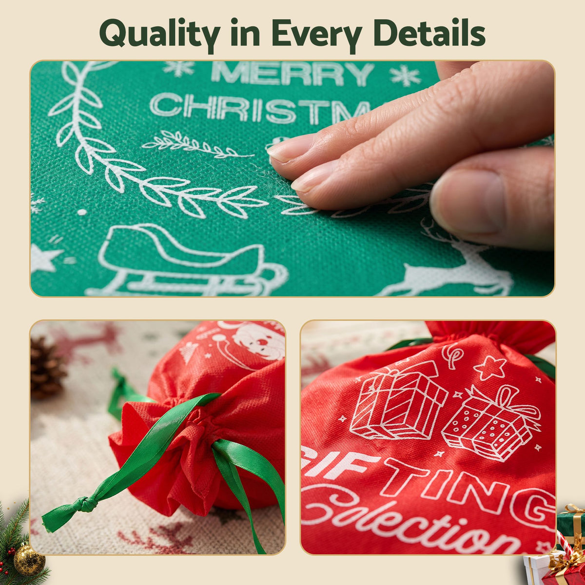 Jingle Jollys Christmas Drawstring Gift Bags - 12 Pack, Two Sizes