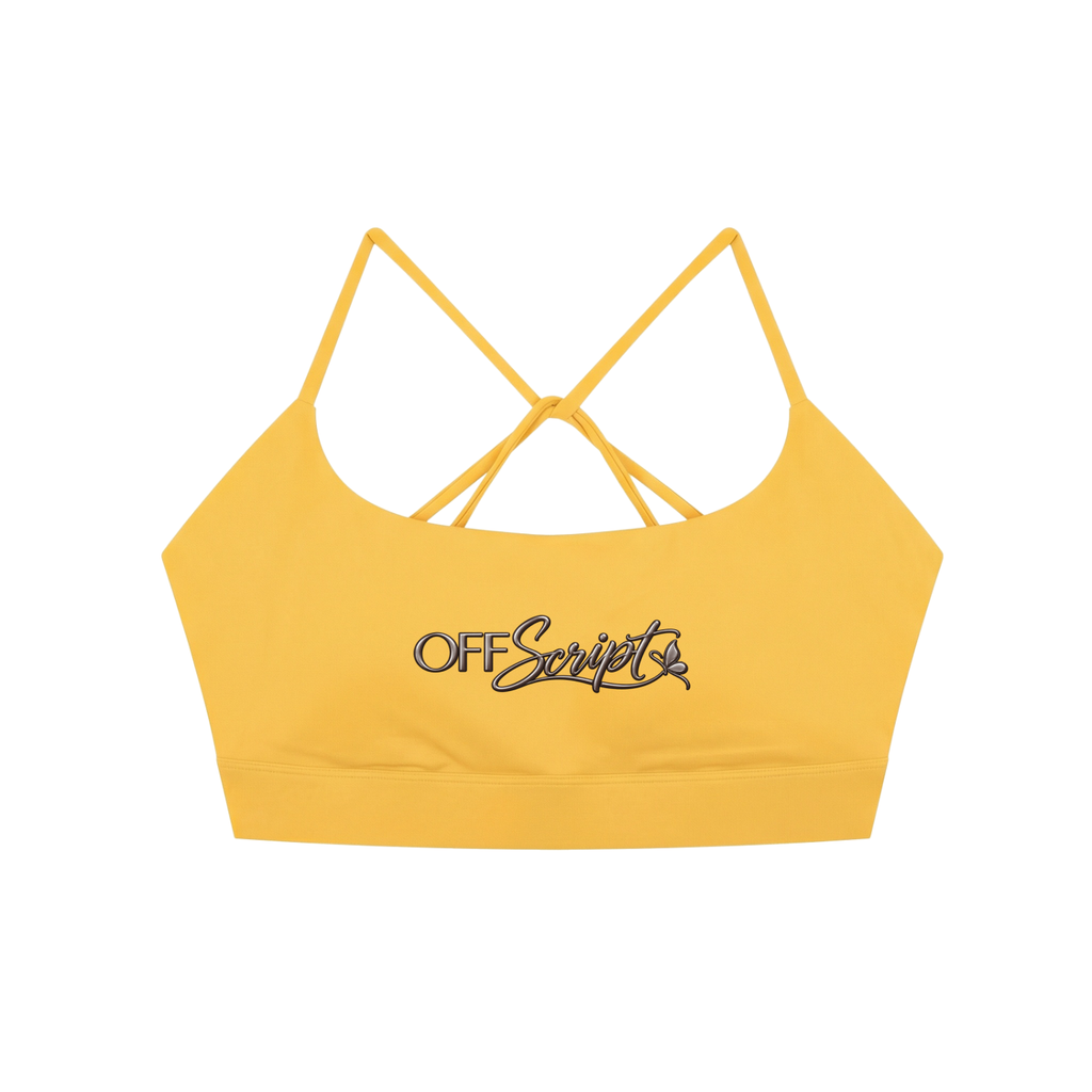 Off Script Women’s Strappy Criss-Cross Yoga Sports Bra - Yellow front
