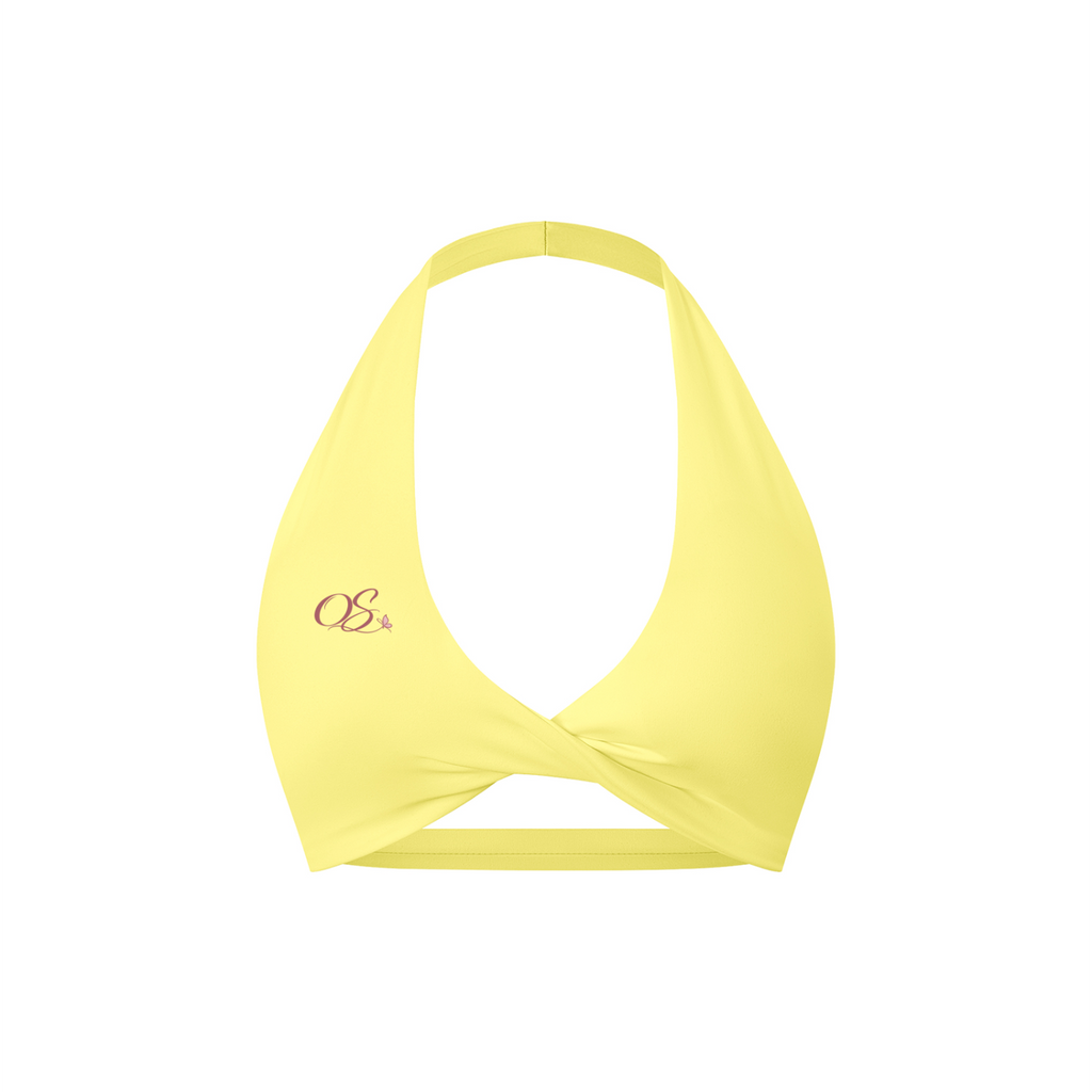 Off Script Women's Twist Front Halter Sports Bra - Yellow front 3D mockup