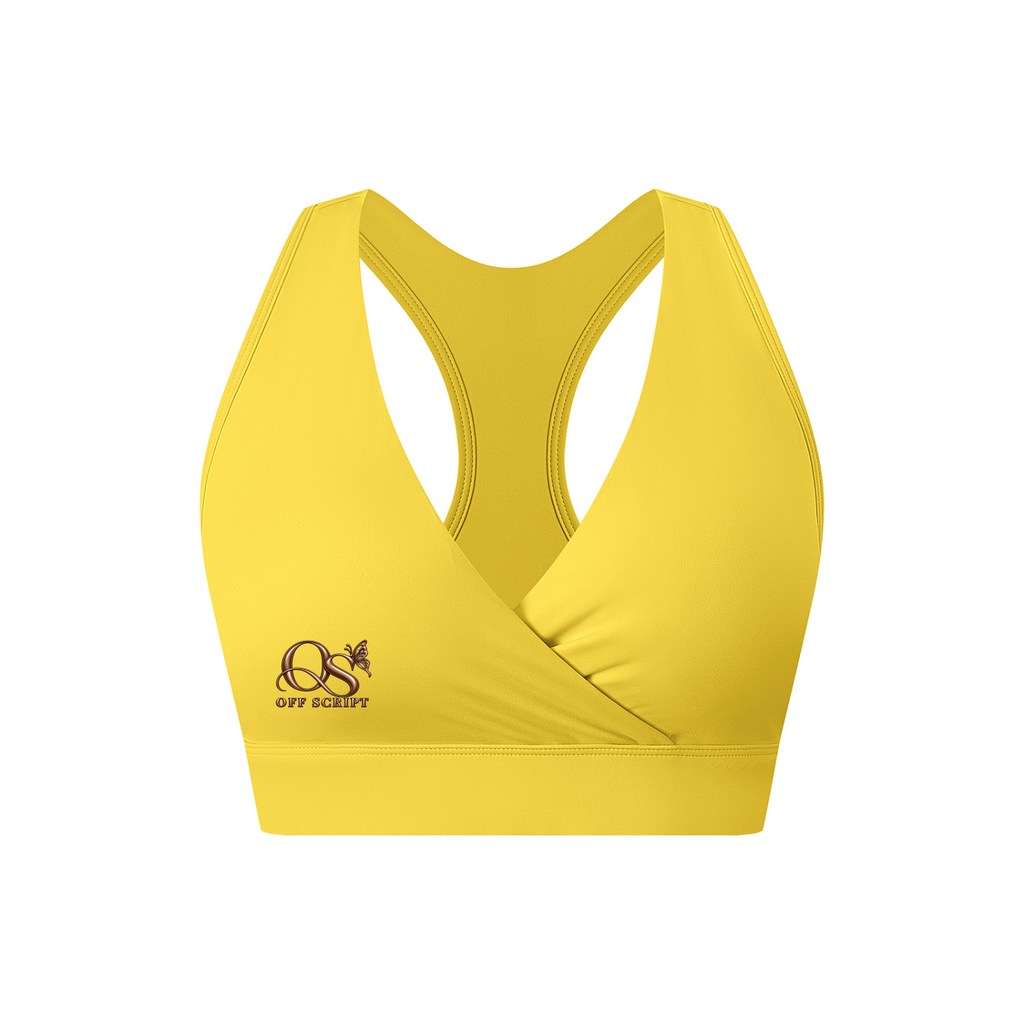 Off Script Women’s Crossover V-Neck Sports Bra - Yellow front 3D mockup