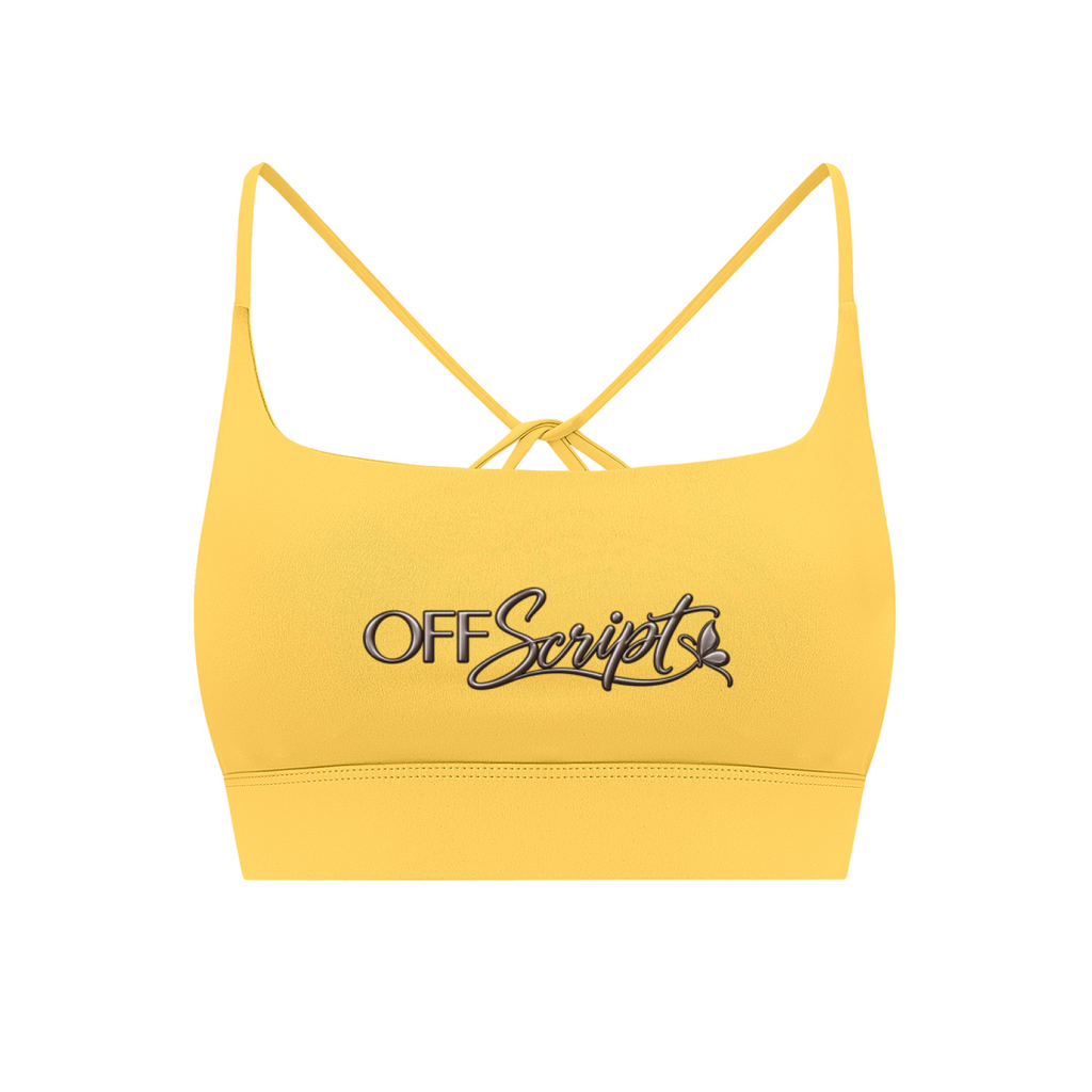 Off Script Women’s Strappy Criss-Cross Yoga Sports Bra - Yellow front 3D mockup