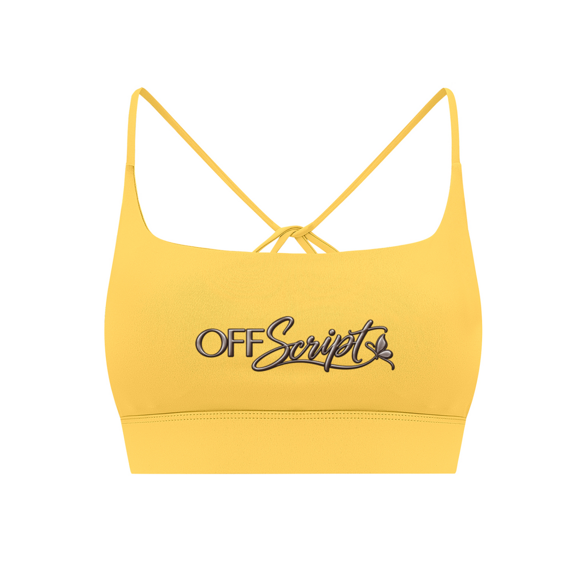 Off Script Women’s Strappy Criss-Cross Yoga Sports Bra - Yellow front 3D mockup