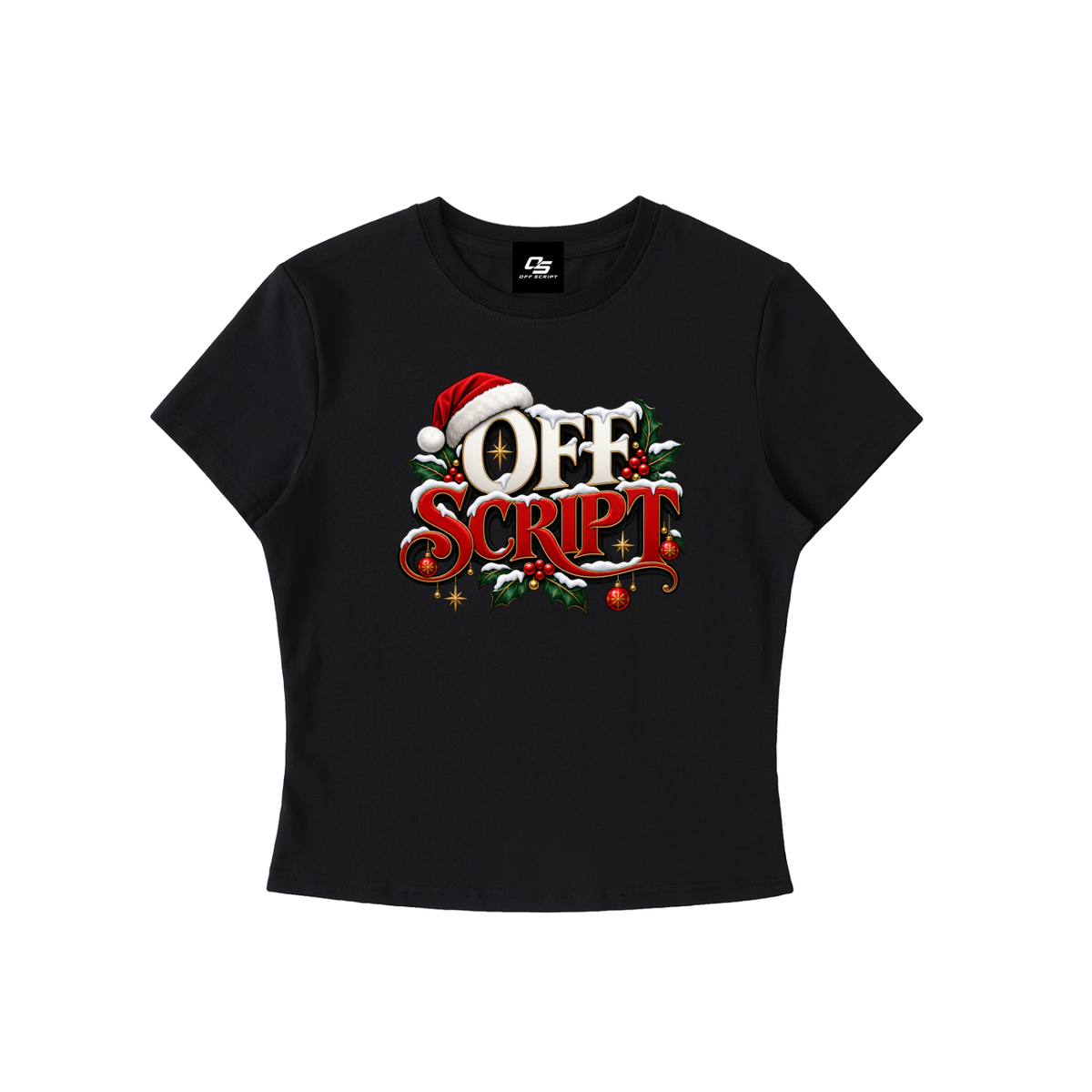 Off Script Christmas Women's Bodycon Graphic T-Shirt – Black front, Santa hat and festive Off Script graphic