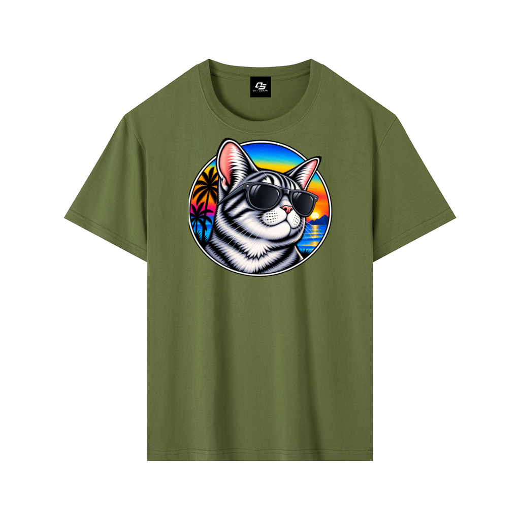 Cool Cat Sunset Pure Cotton Unisex T-Shirt – Army Green