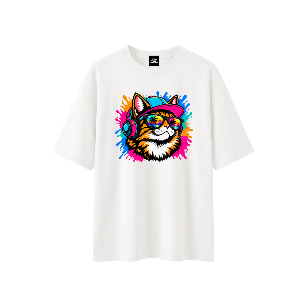 Cool Cat Sunset Headphones Unisex Boxy Oversized T-Shirt – White