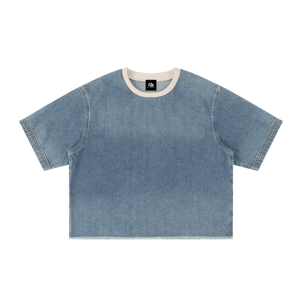 Unisex Vintage Wash Boxy Raw Hem Denim T-Shirt