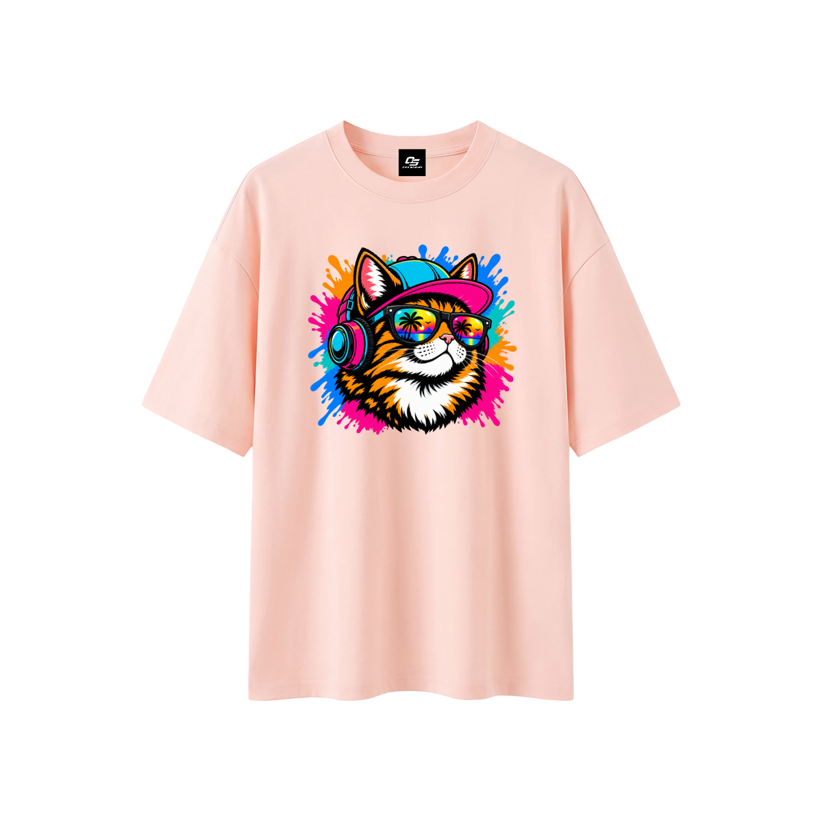Cool Cat Sunset Headphones Unisex Boxy Oversized T-Shirt – Pink