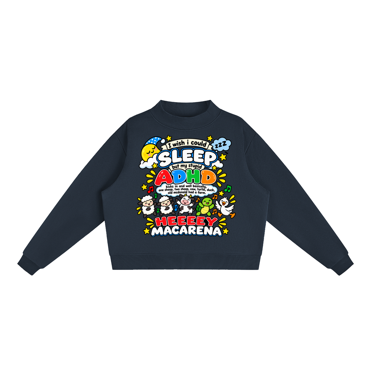 ADHD Macarena Women's Essential Fleece Mock-Neck Graphic Sweatshirt - Navy Blue front