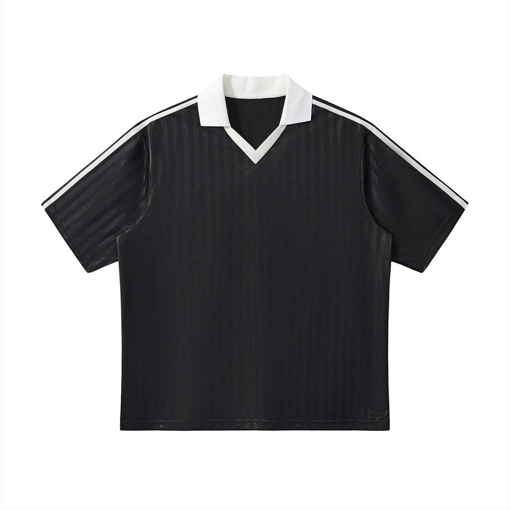 Black with White Unisex Contrast-Collar Striped Soccer Jersey front view