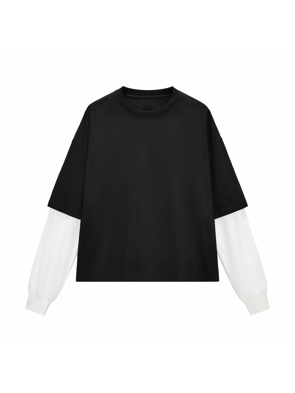 Black with White Unisex Layered Contrast-Sleeve Long-Sleeve T-Shirt front view