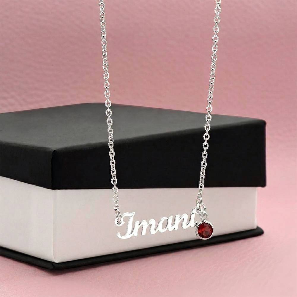 Custom Name Necklace with Birthstone — Polished Stainless Steel / Standard Box
