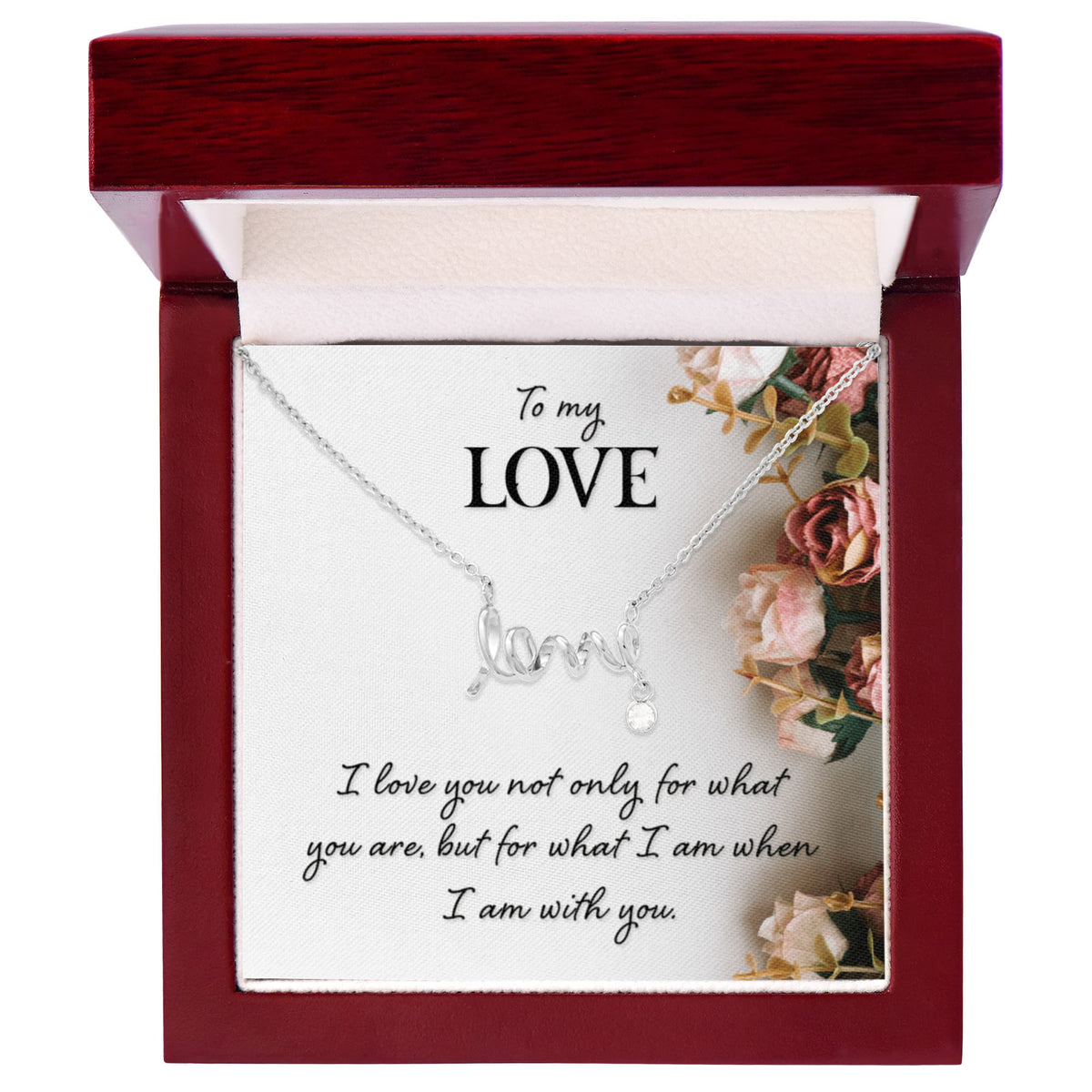 Polished surgical steel Scripted Love Necklace with Luxury Box