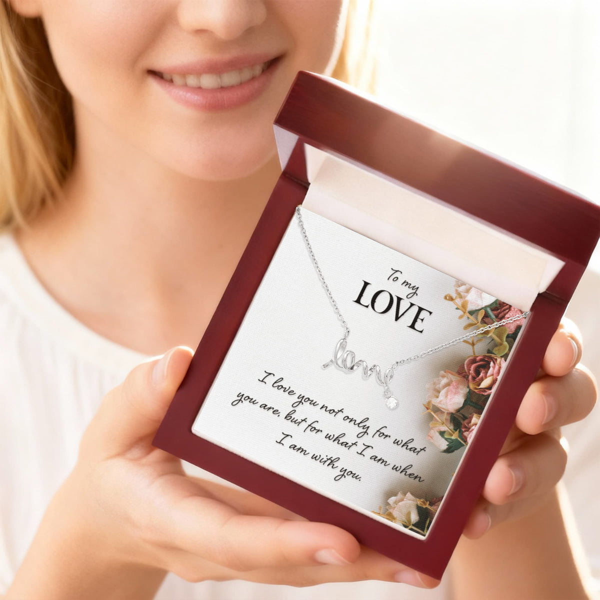 Polished surgical steel Scripted Love Necklace luxury gift presentation
