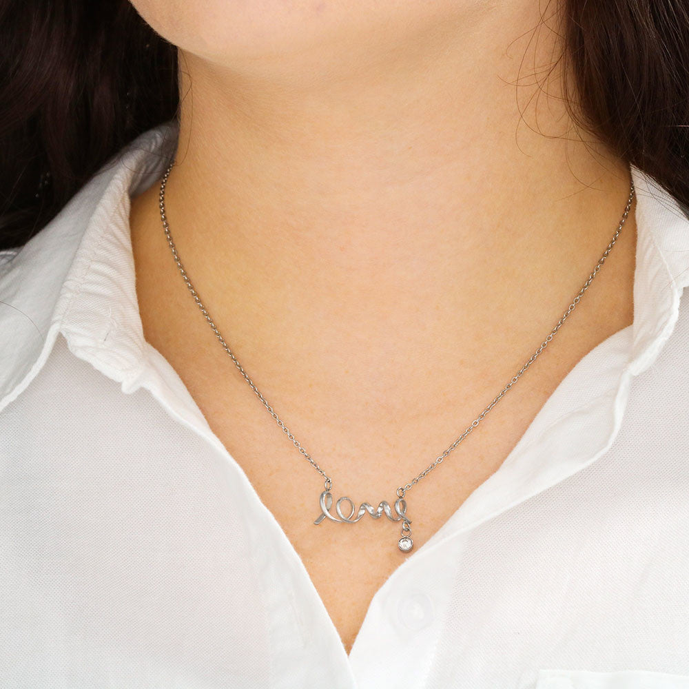 Scripted Love Necklace polished steel pendant and adjustable chain