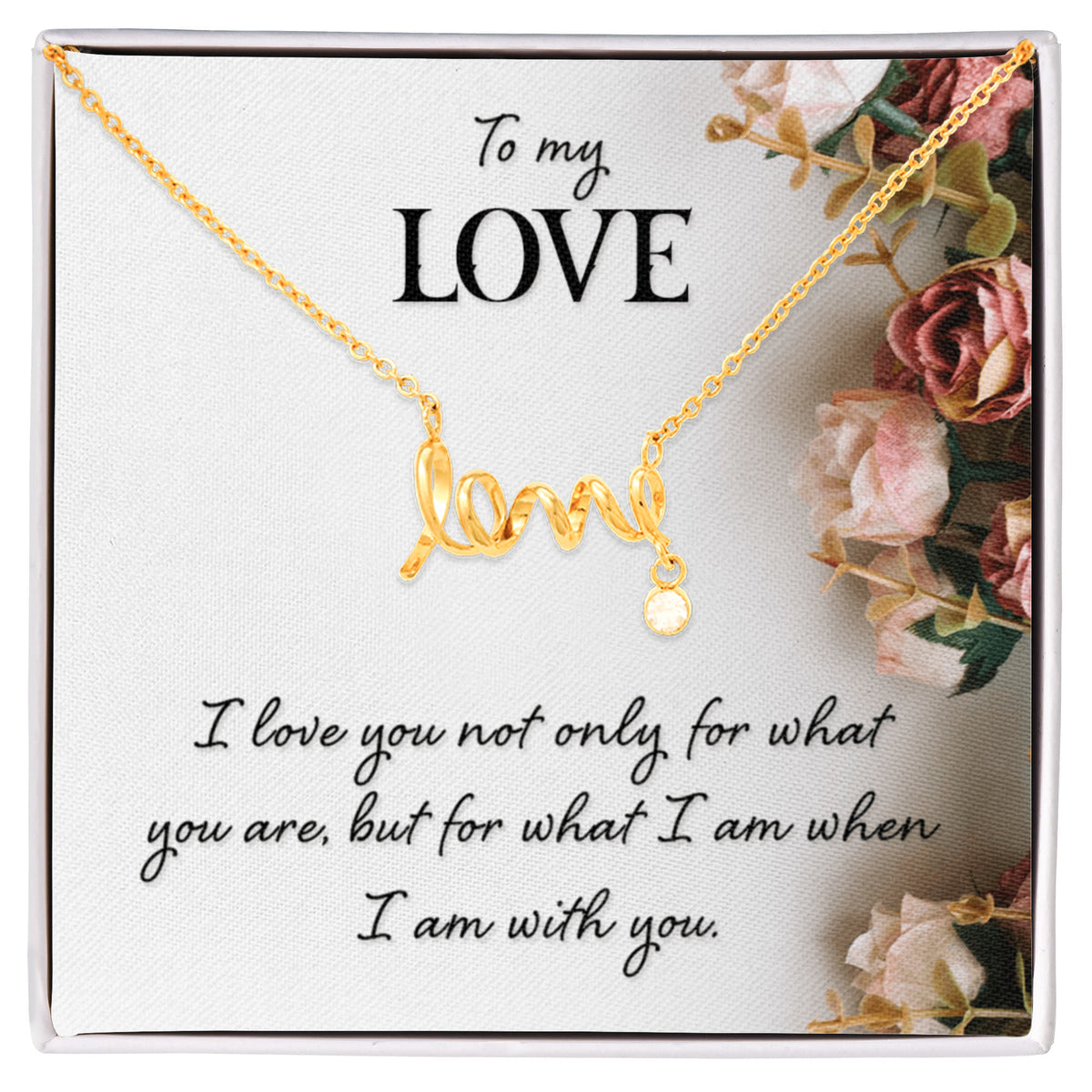 Scripted Love Necklace in 18K yellow gold finish with Standard Box