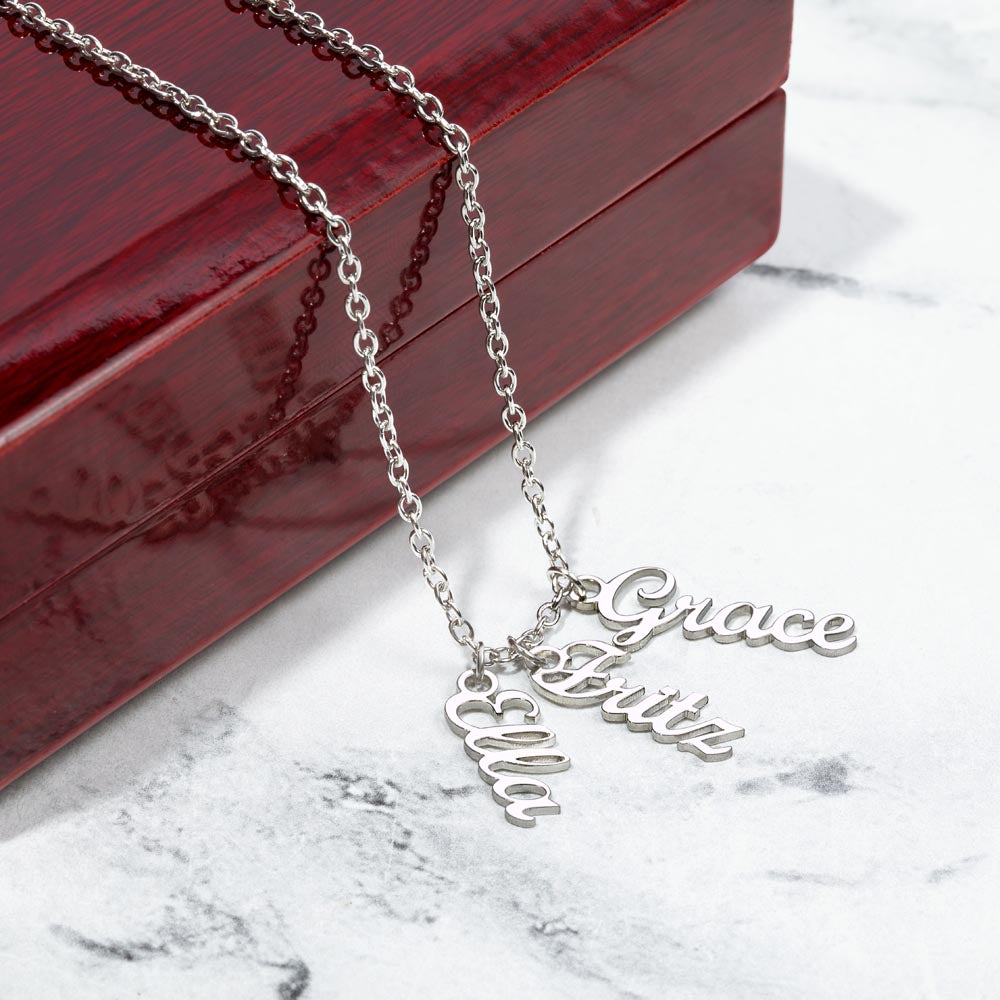 Multi Vertical Name Necklace — 3 Names / Polished Stainless Steel / Luxury Box