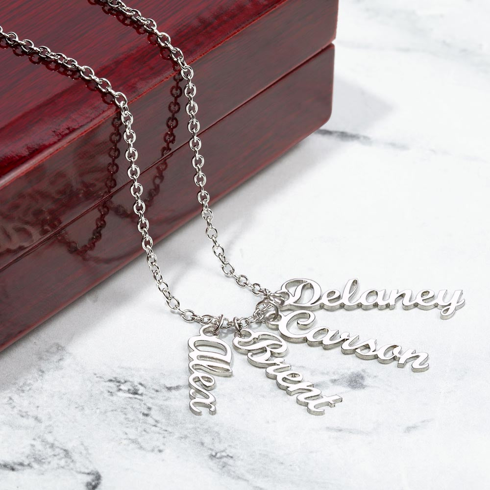 Multi Vertical Name Necklace — 4 Names / Polished Stainless Steel / Luxury Box