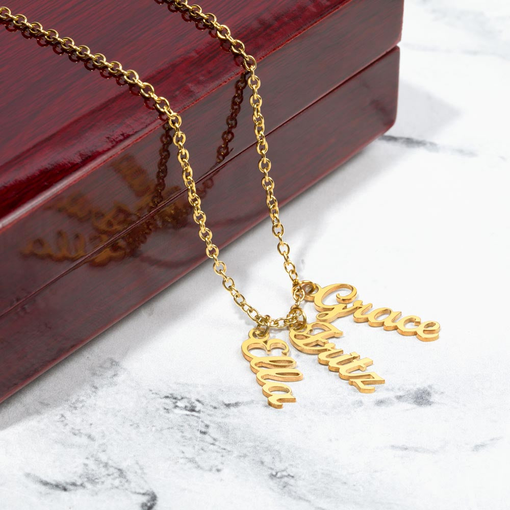 Multi Vertical Name Necklace — 3 Names / 18K Yellow Gold Finish / Luxury Box