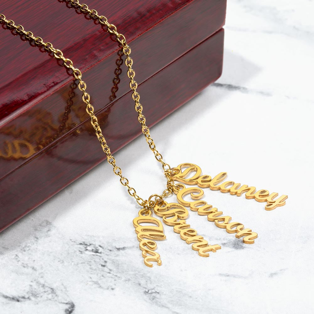 Multi Vertical Name Necklace — 4 Names / 18K Yellow Gold Finish / Luxury Box