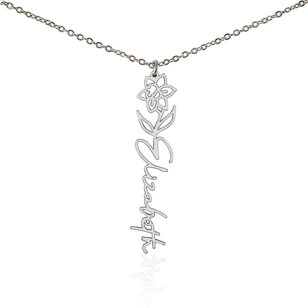 Flower Name Necklace — Polished Stainless Steel / Standard Box / March
