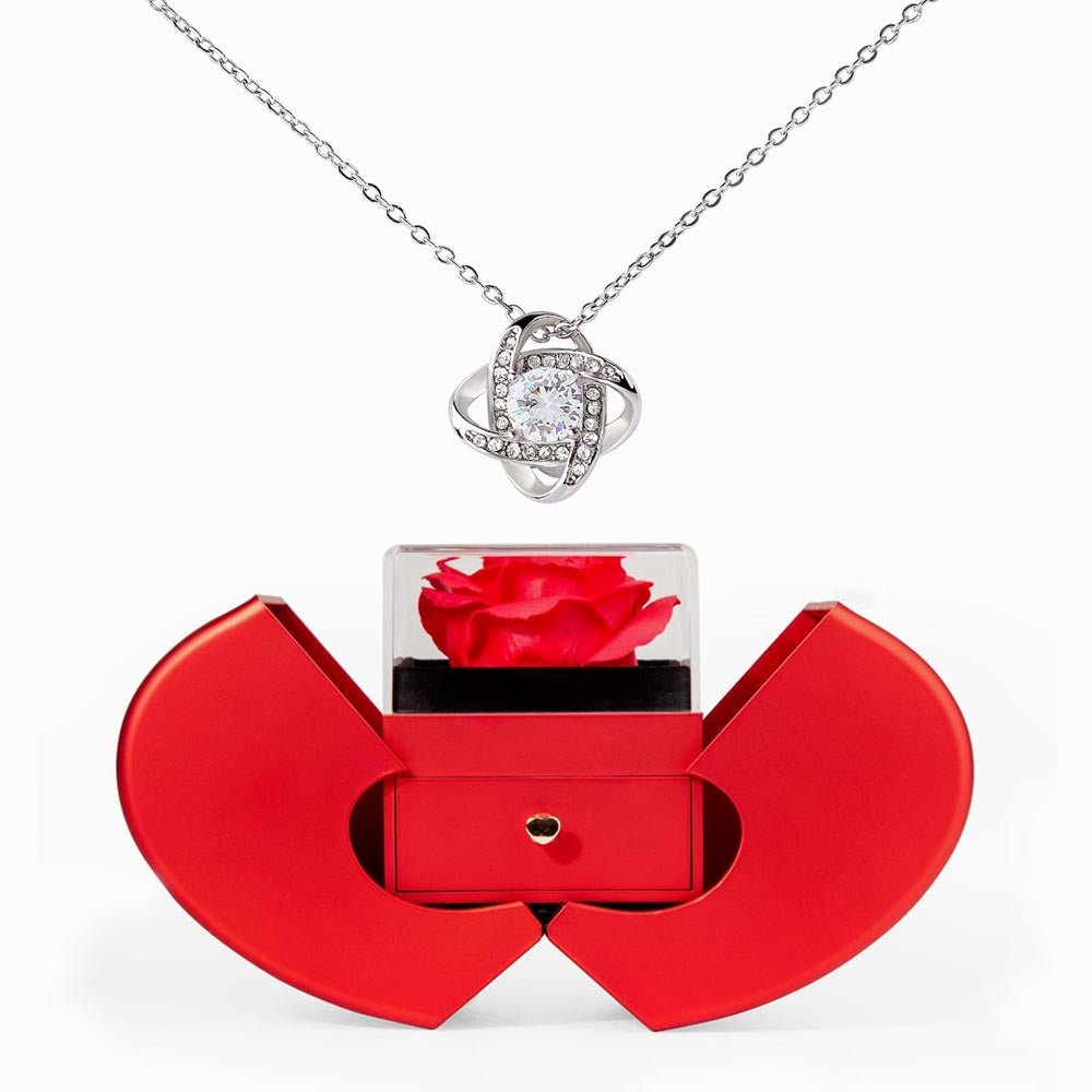 Love Knot Necklace - Red Heart Rose Box — 14k White Gold Finish