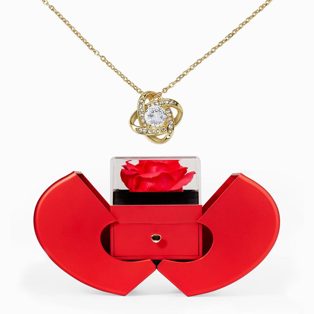 Love Knot Necklace - Red Heart Rose Box — 18k Yellow Gold Finish