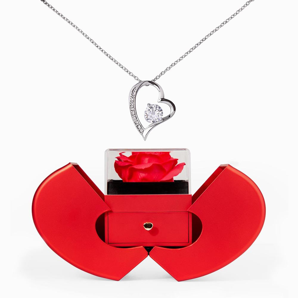 Forever Love Necklace - Red Heart Rose Box — 14k White Gold Finish