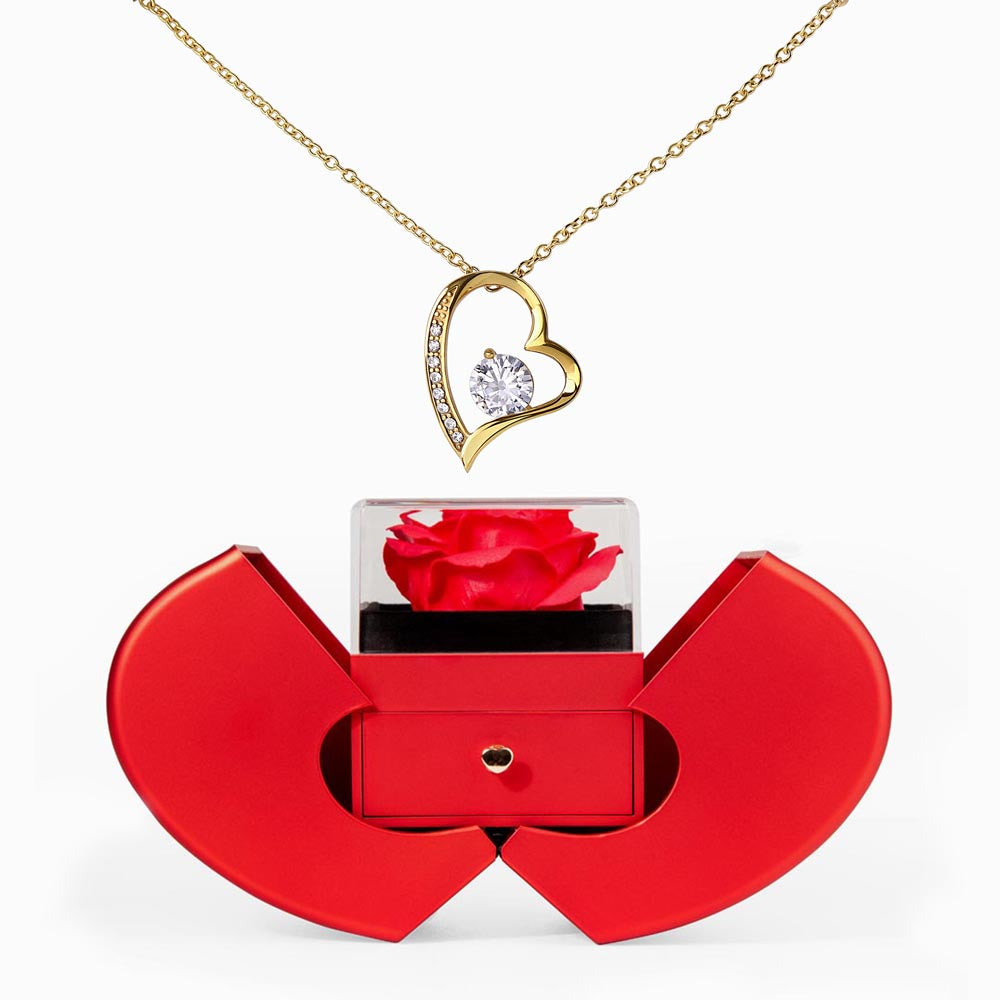 Forever Love Necklace - Red Heart Rose Box — 18k Yellow Gold Finish