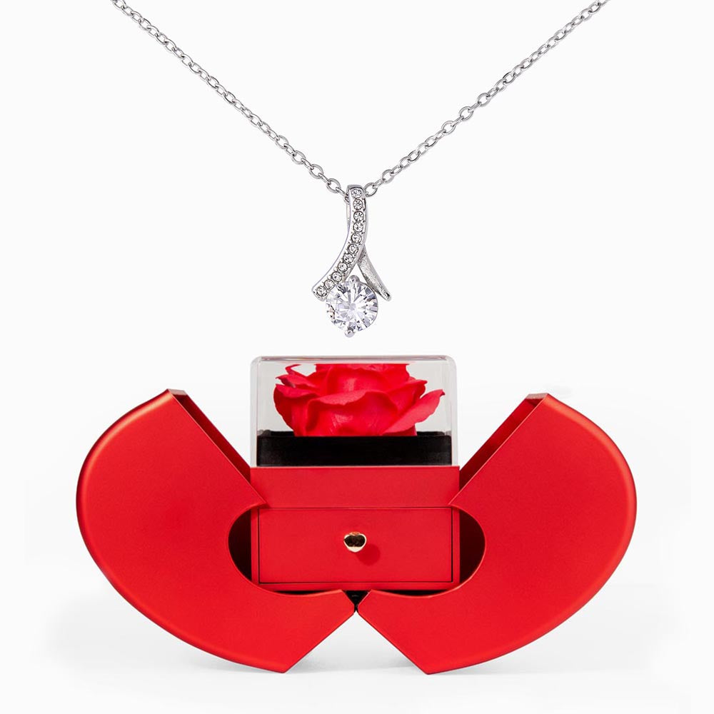 Alluring Beauty Necklace - Red Heart Rose Box — 14k White Gold Finish