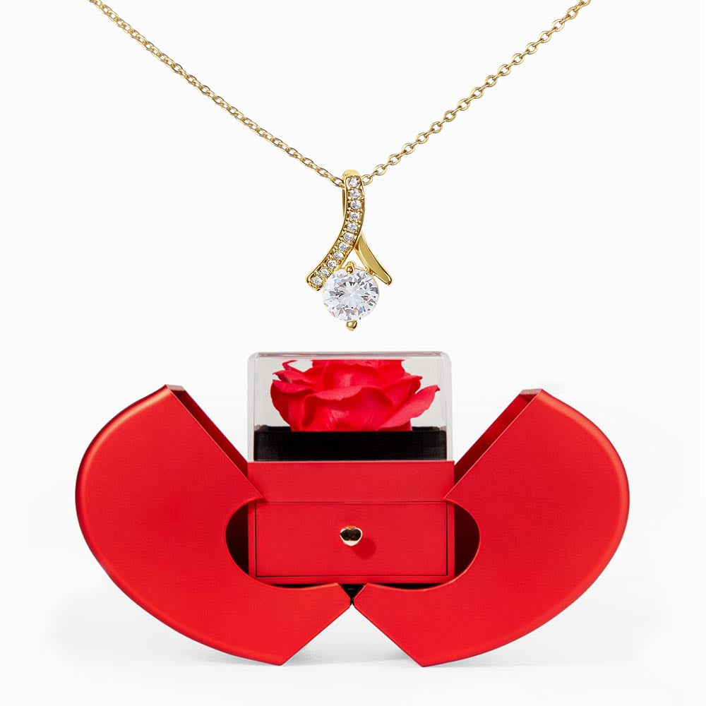Alluring Beauty Necklace - Red Heart Rose Box — 18k Yellow Gold Finish