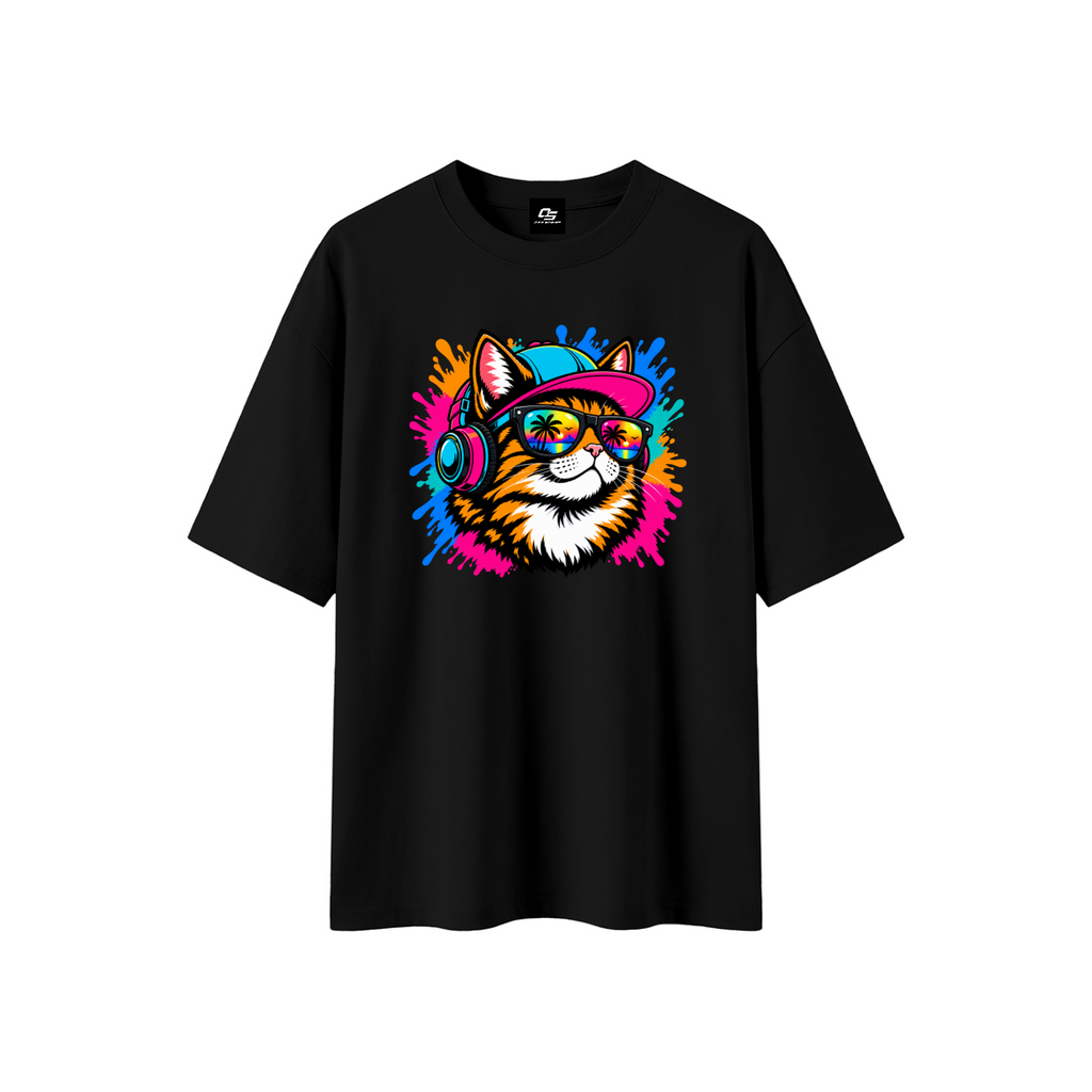 Cool Cat Sunset Headphones Unisex Boxy Oversized T-Shirt – Black