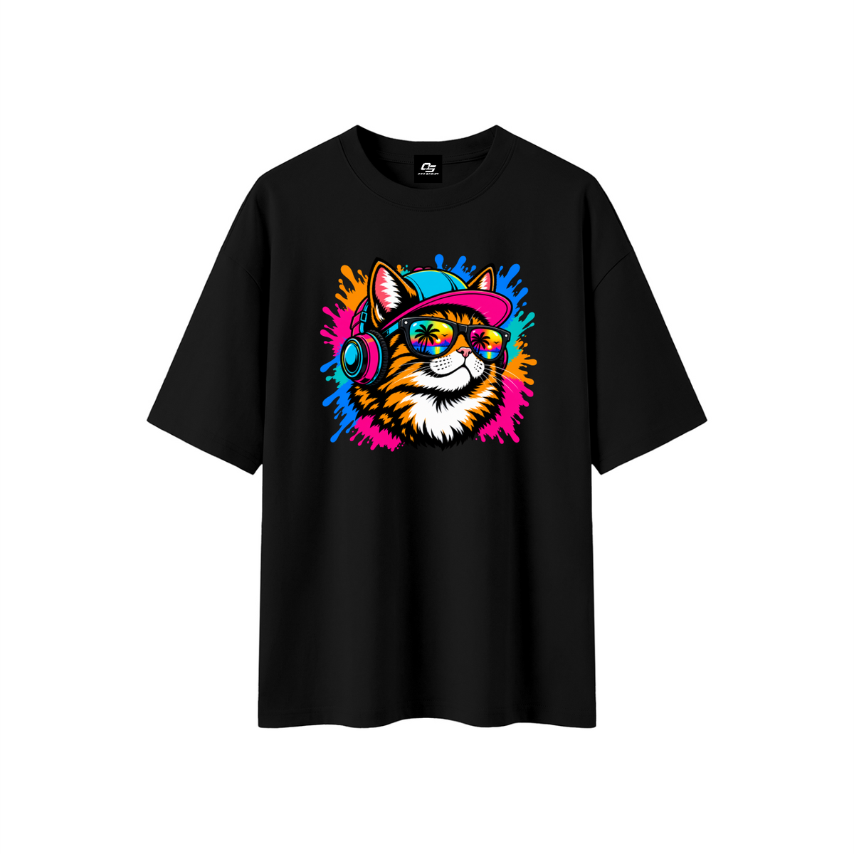 Cool Cat Sunset Headphones Unisex Boxy Oversized T-Shirt – Black