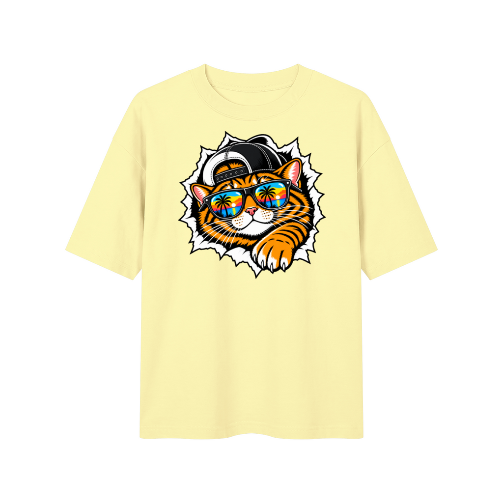 Cool Cat Sunset Sunglasses Unisex Drop Shoulder T-Shirt – Yellow